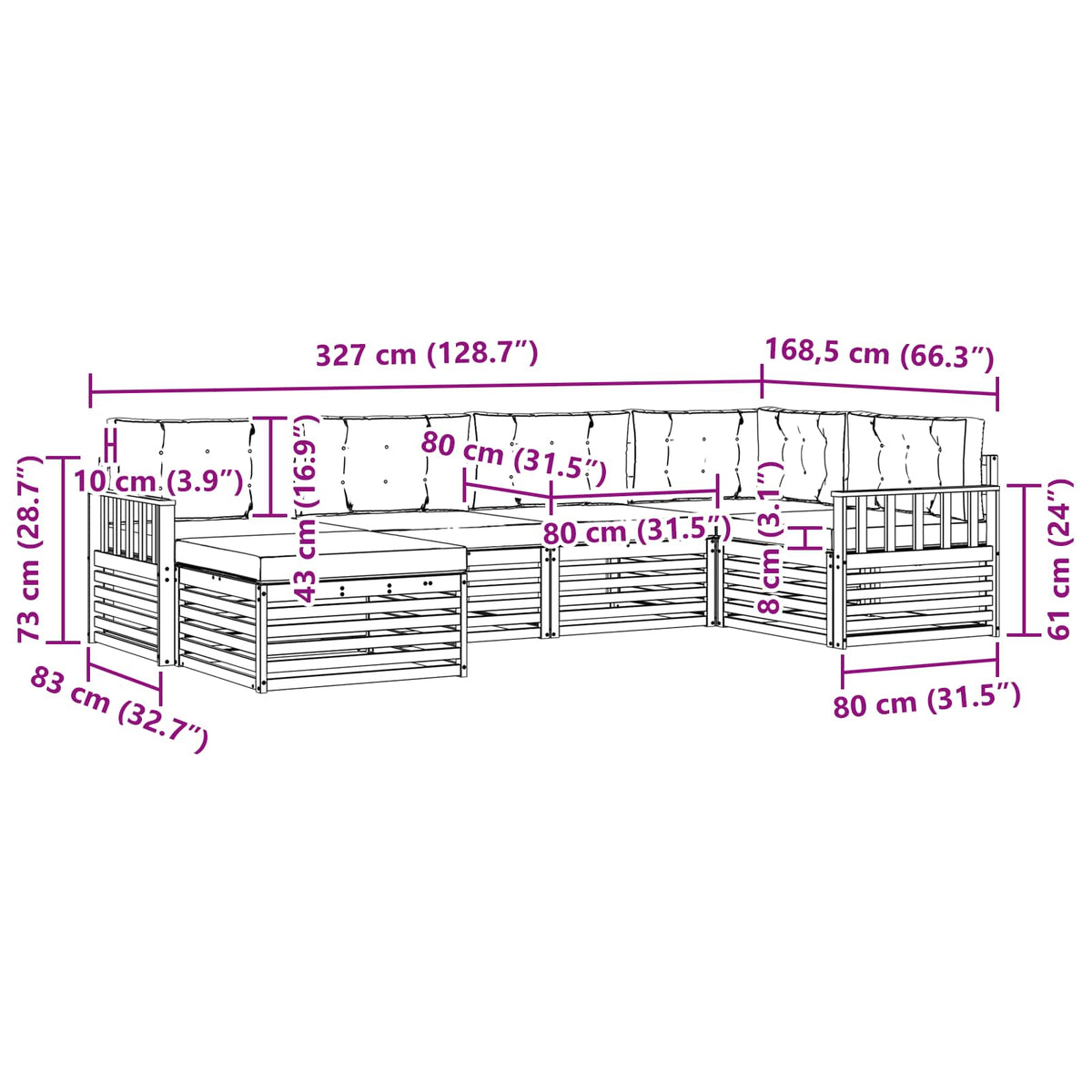 Set vanjskih sofa 6 kom. Prirodna i bež 327 x 168,5 x 73 cm