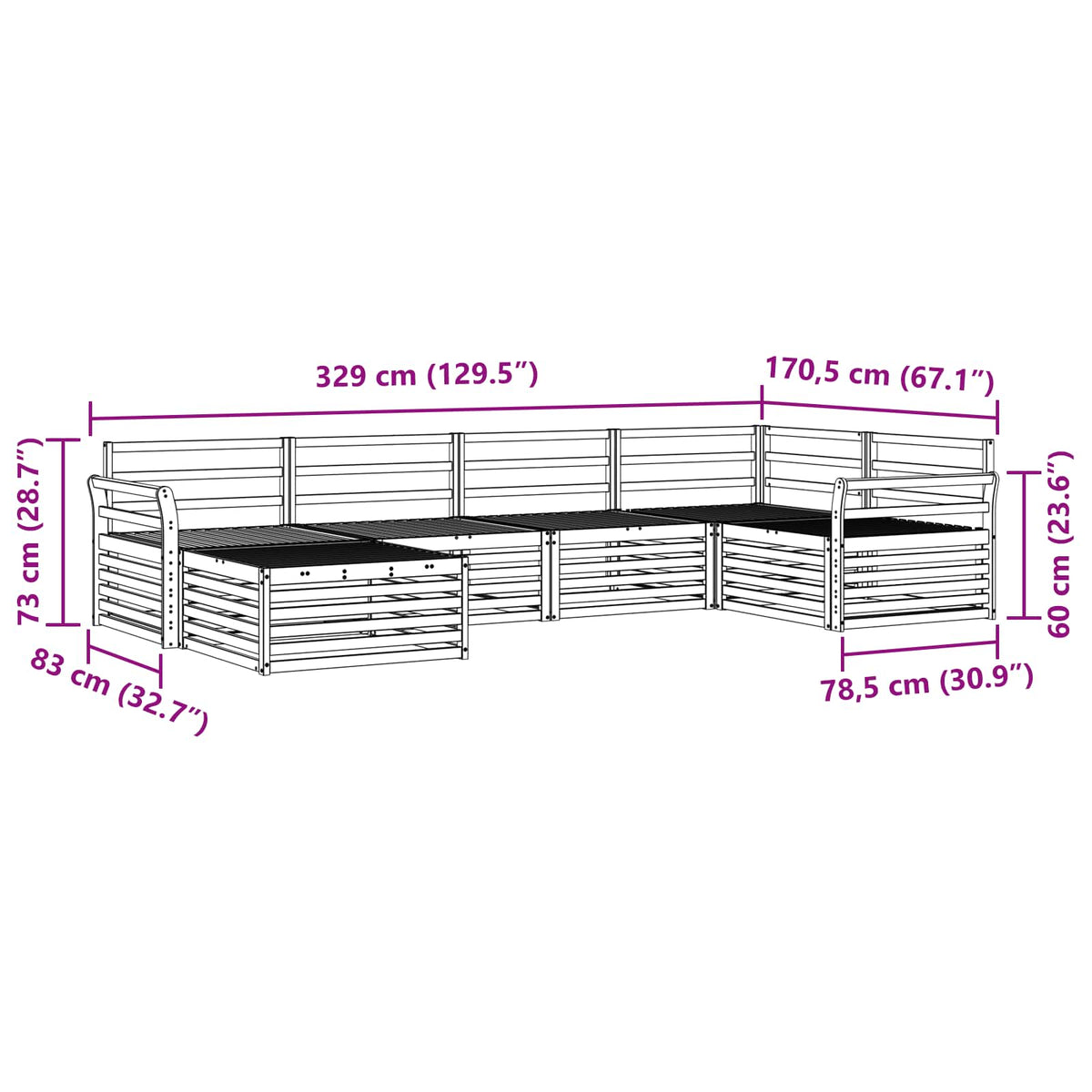 Set vanjskih sofa 6 kom. Prirodna Čvrsto drvo akacije Smeđa 329 x 170,5 x 73 cm