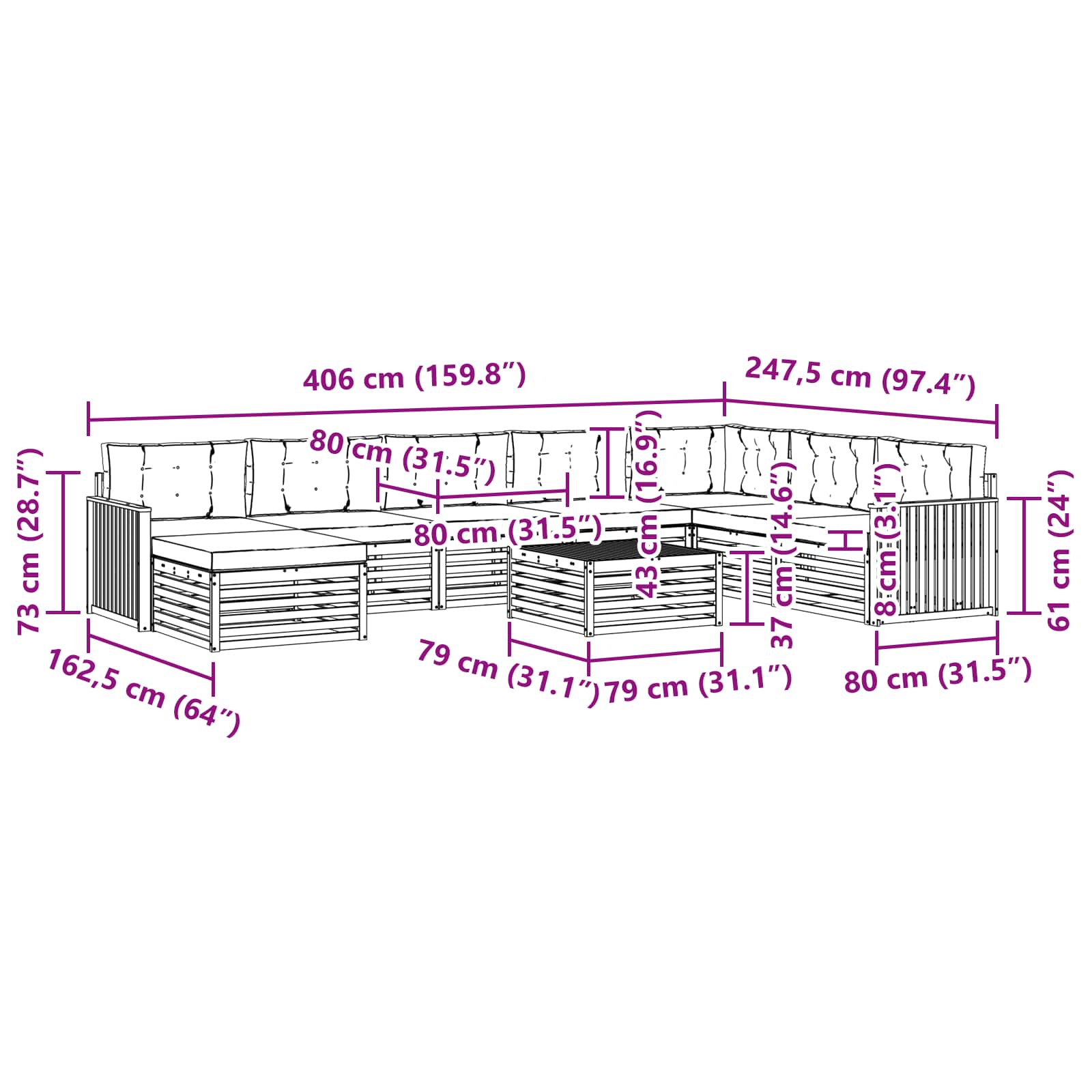 Set vanjskih sofa 9 pcs Prirodna i antracit Čvrsto drvo akacije