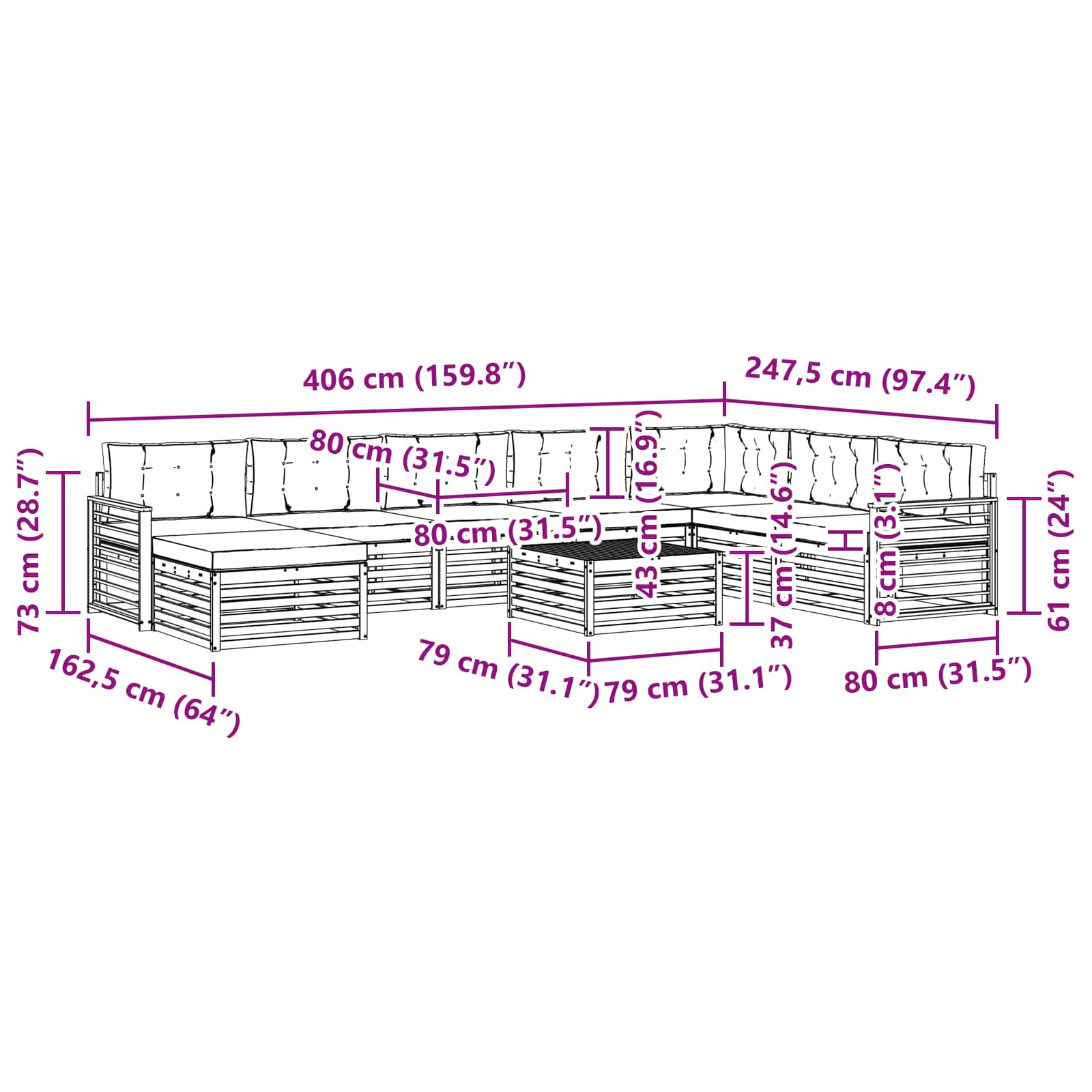 Set vanjskih sofa 9 pcs Prirodna i bež Čvrsto drvo akacije