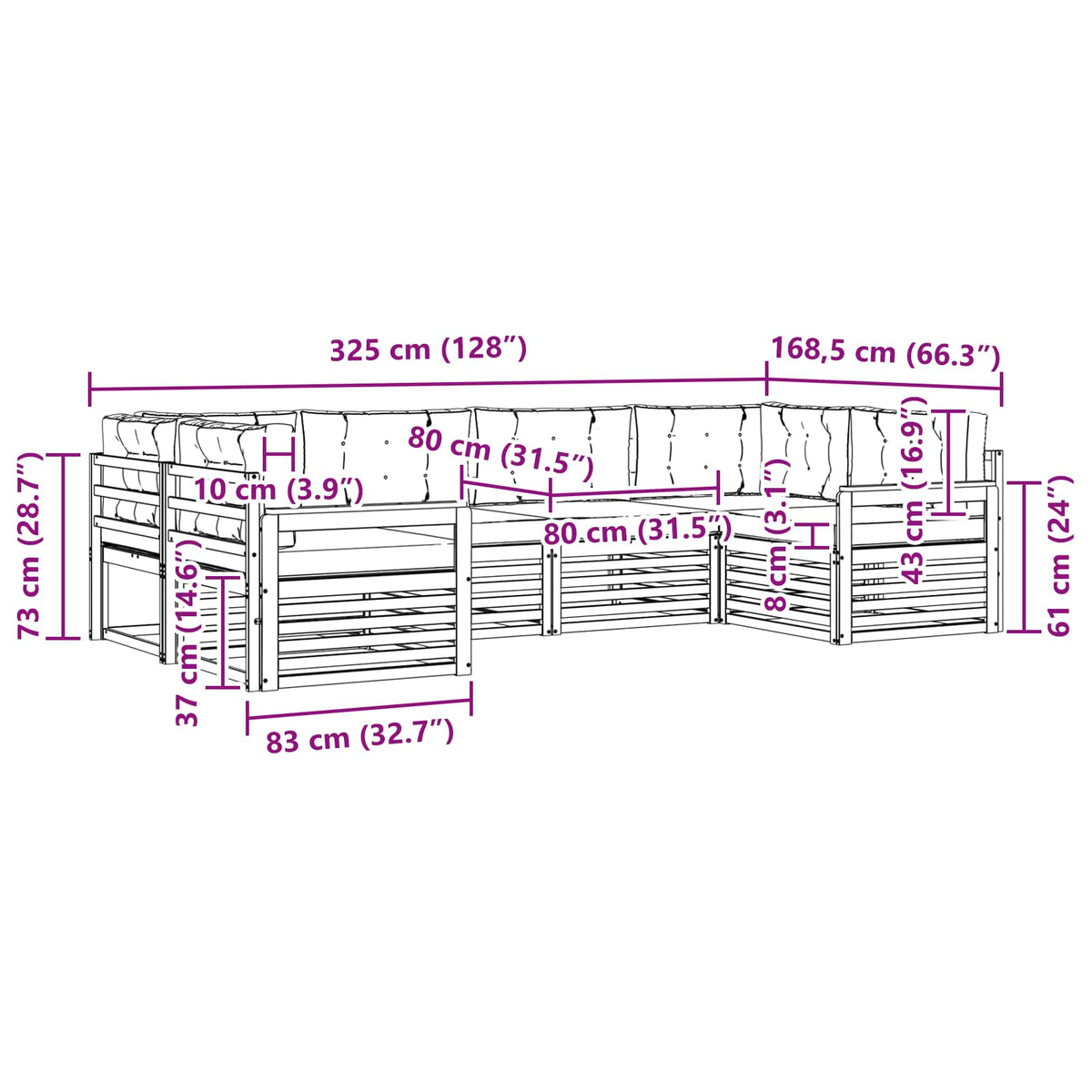 Set vanjskih sofa 6 kom. Prirodna i antracit 325 x 168,5 x 73 cm