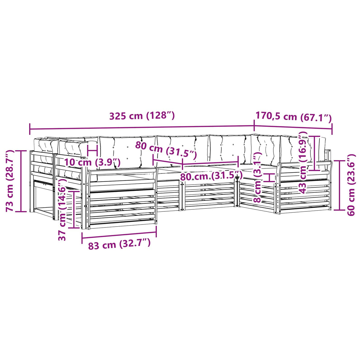 Set vanjskih sofa 6 kom. Prirodna i bež Čvrsto drvo akacije 325 x 170,5 x 73 cm