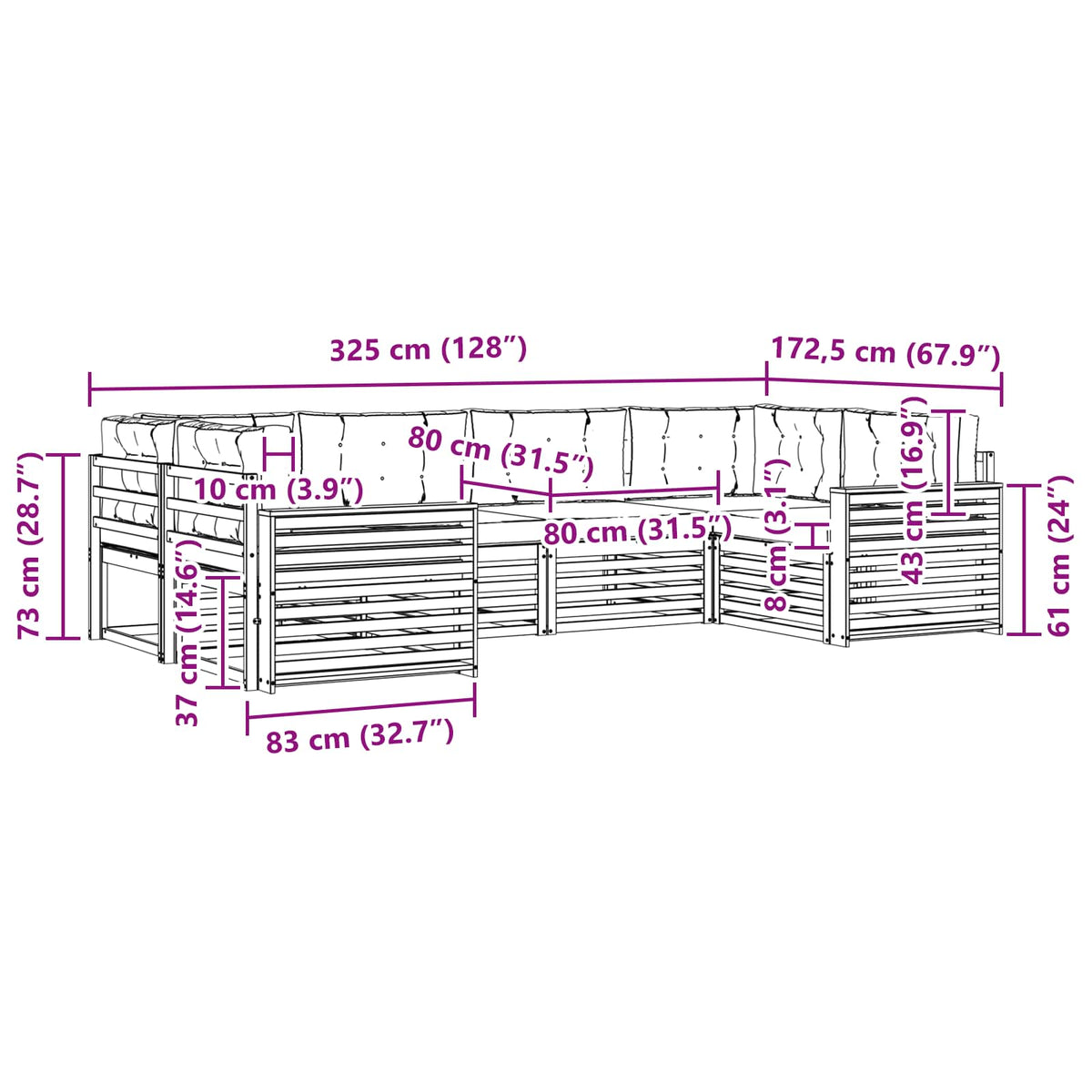 Set vanjskih sofa 6 kom. Prirodna i krem Čvrsto drvo akacije 325 x 172,5 x 73 cm