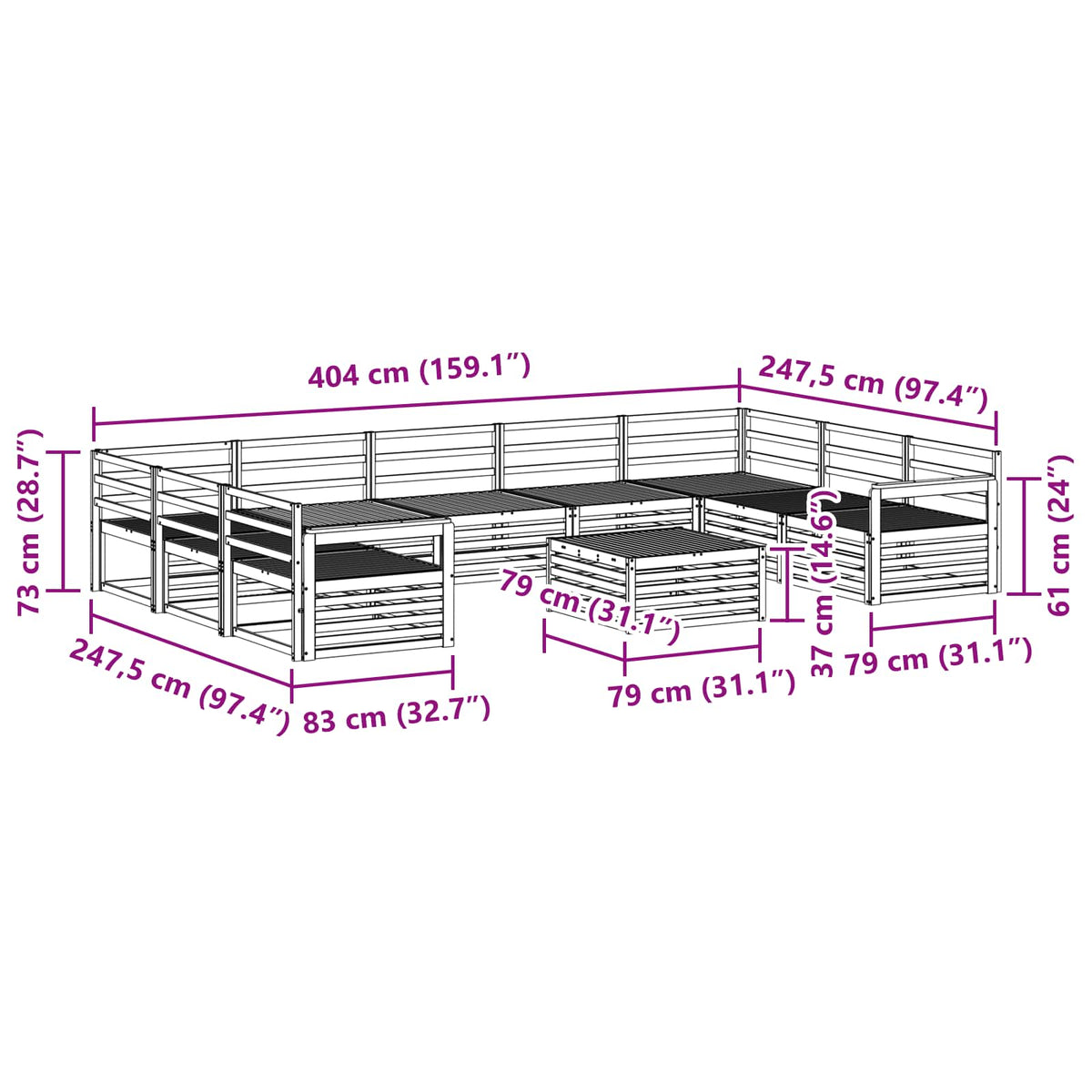 Set vanjskih sofa 10 kom. Prirodna Čvrsto drvo akacije 79 x 79 x 37 cm