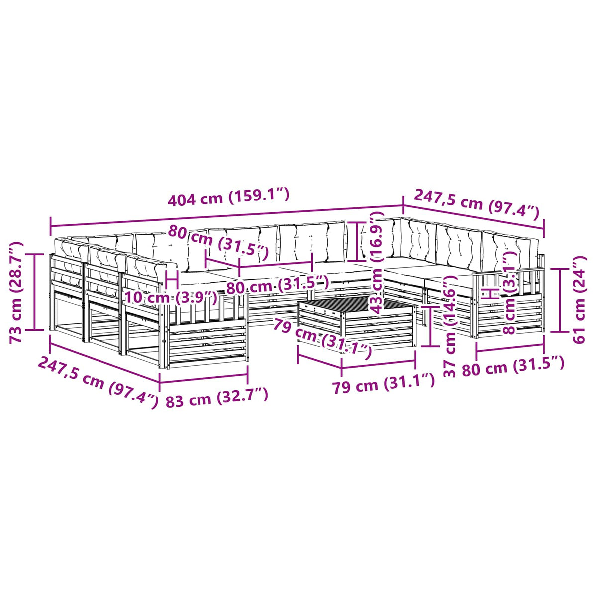 Set vanjskih sofa 10 kom. Prirodna i bež Čvrsto drvo akacije