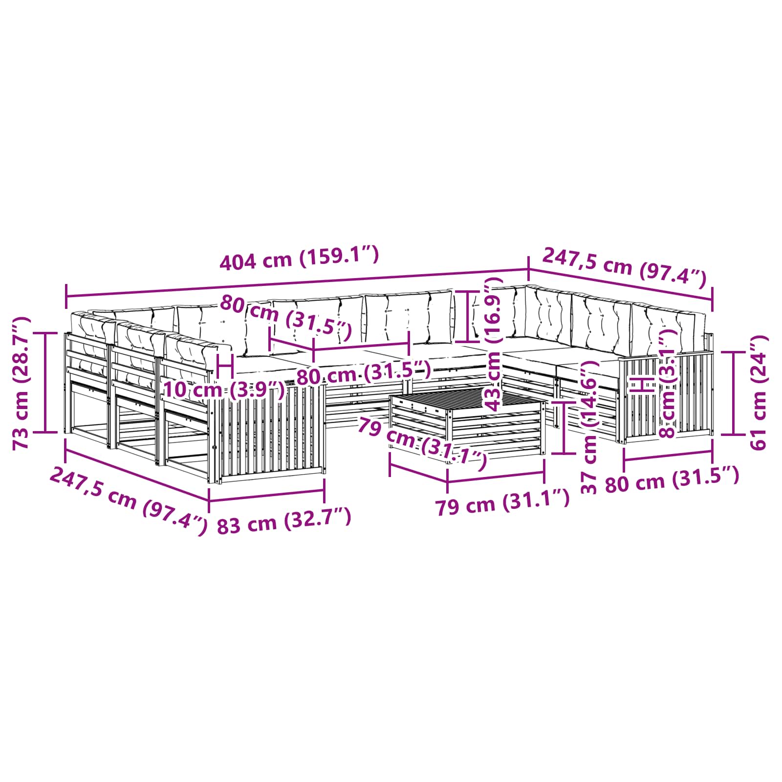Set vanjskih sofa 10 pcs Prirodna i bež Čvrsto drvo akacije