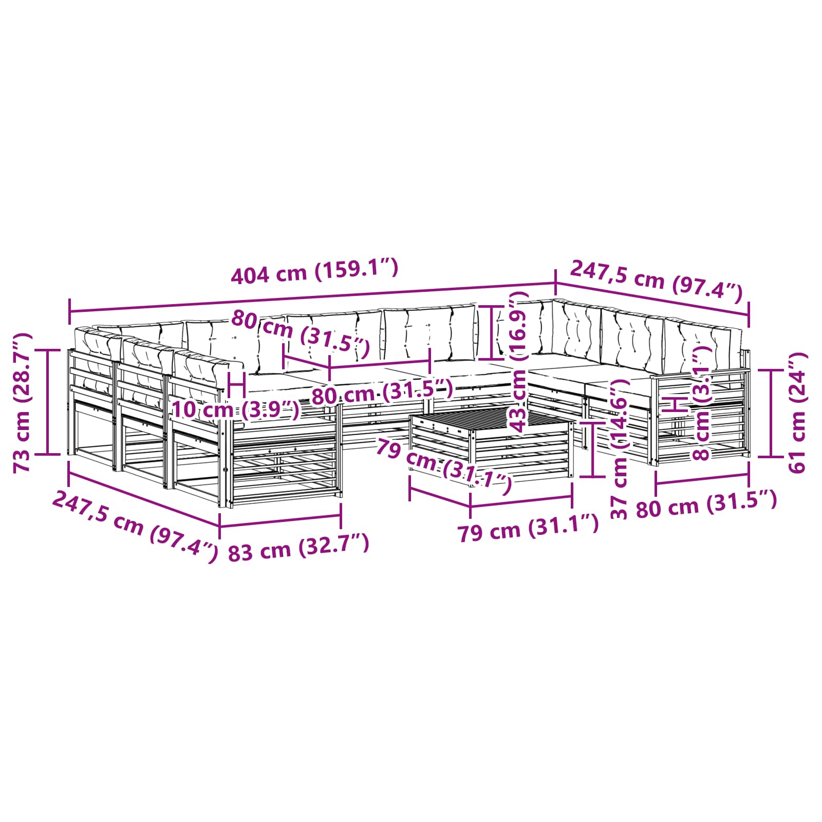 Set vanjskih sofa 10 pcs Prirodna i krem Čvrsto drvo akacije