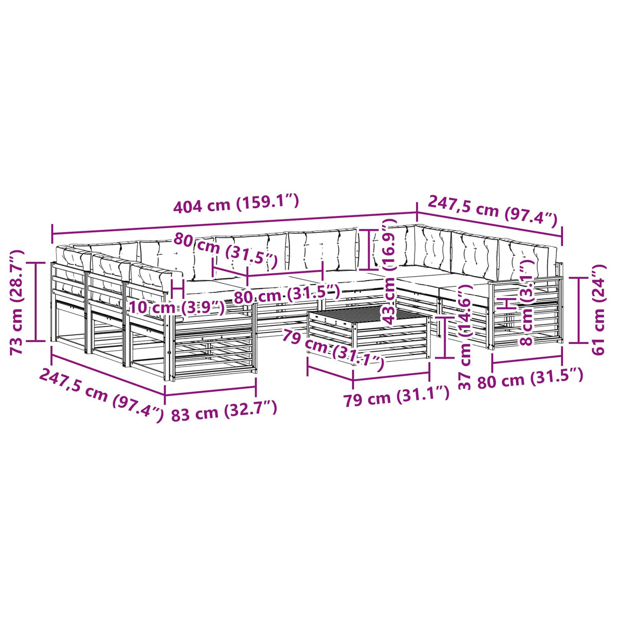Set vanjskih sofa 10 kom. Prirodna i krem Čvrsto drvo akacije