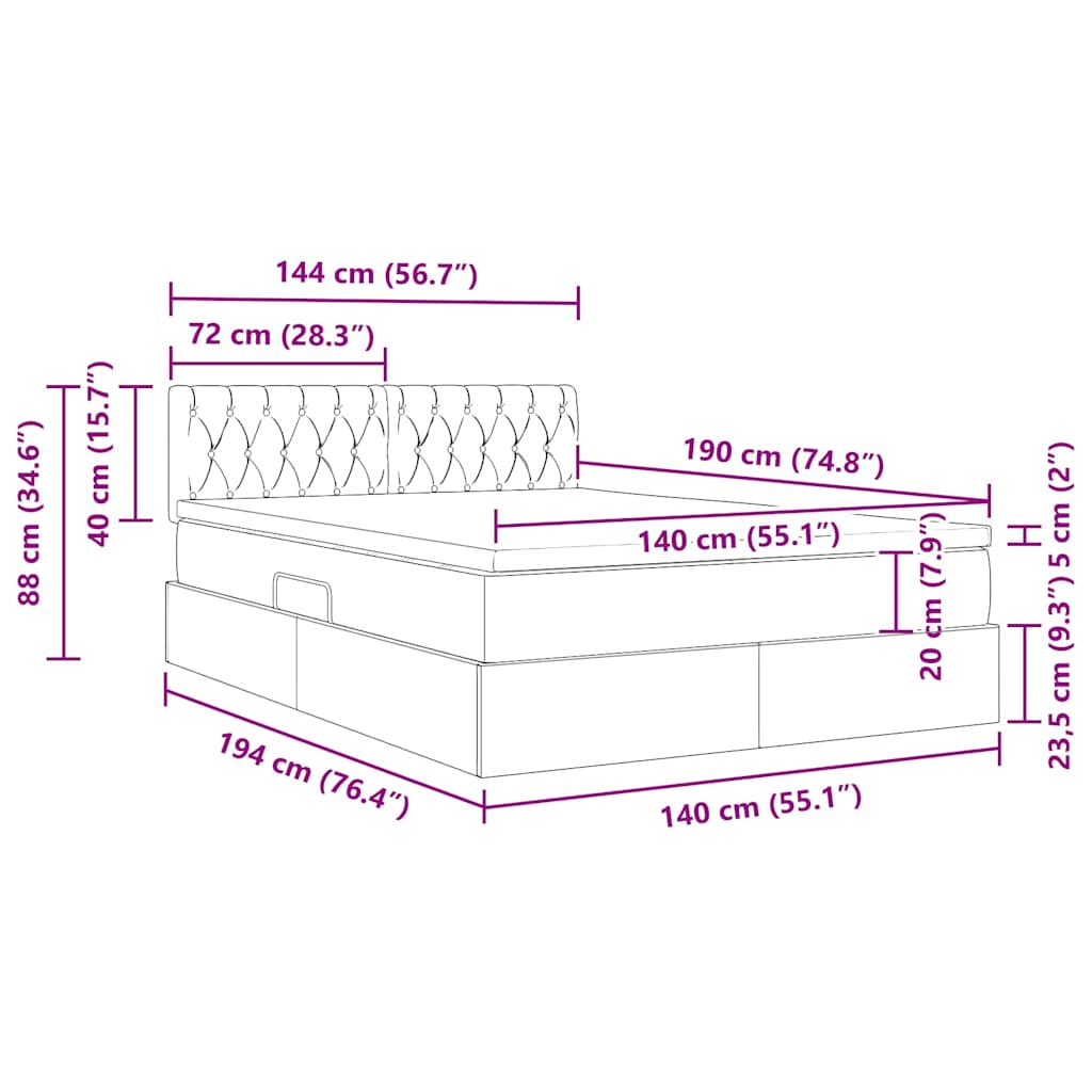 LED krevet za pohranu s madracem Crna 140 x 190 cm Tkanina