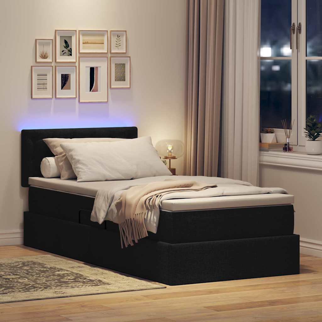 Krevet s prostorom za pohranu s LED-om Crna 90 x 190 cm tkanina