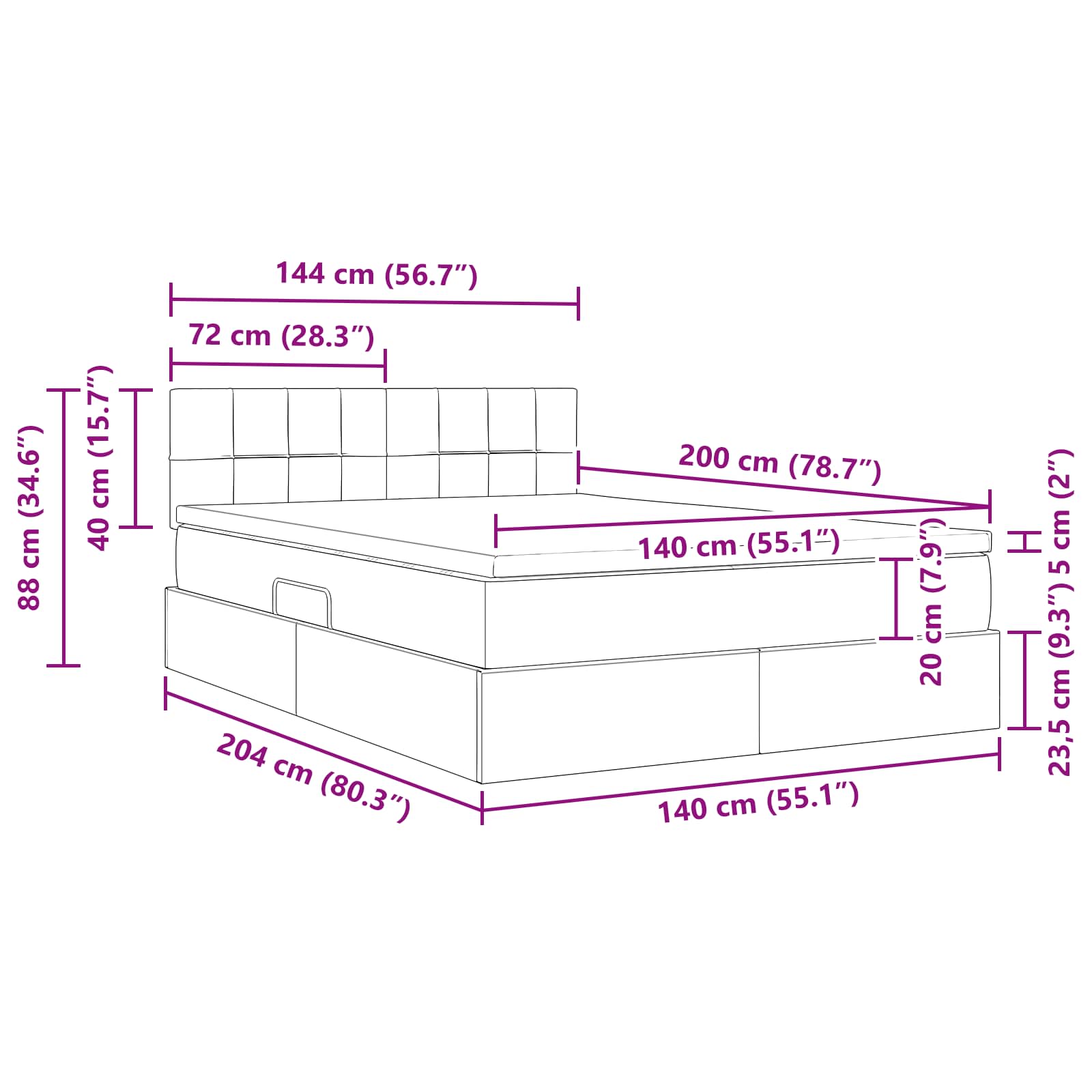 LED krevet za pohranu s madracem Crna 140 x 200 cm Baršun