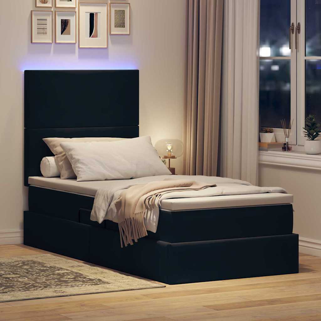 Krevet s prostorom za pohranu s LED-om Crna 90 x 200 cm Baršun