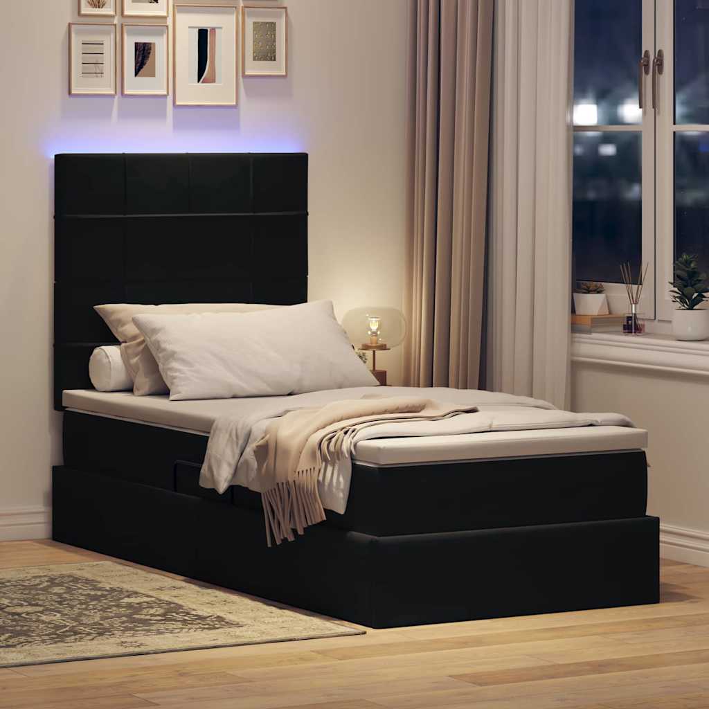 Krevet s prostorom za pohranu s LED-om Crna 90 x 190 cm Baršun