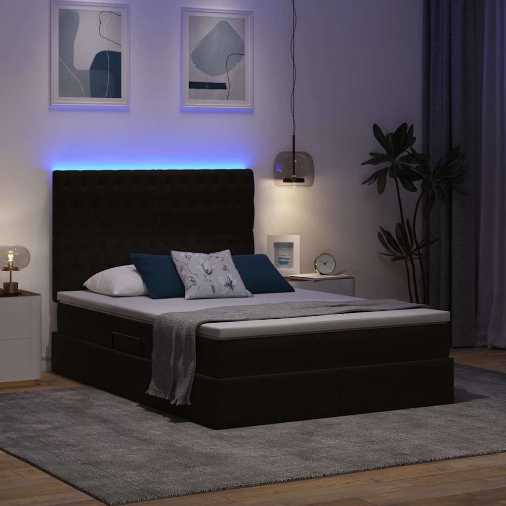 Krevet s prostorom za pohranu s LED-om Crna 140 x 190 cm Baršun
