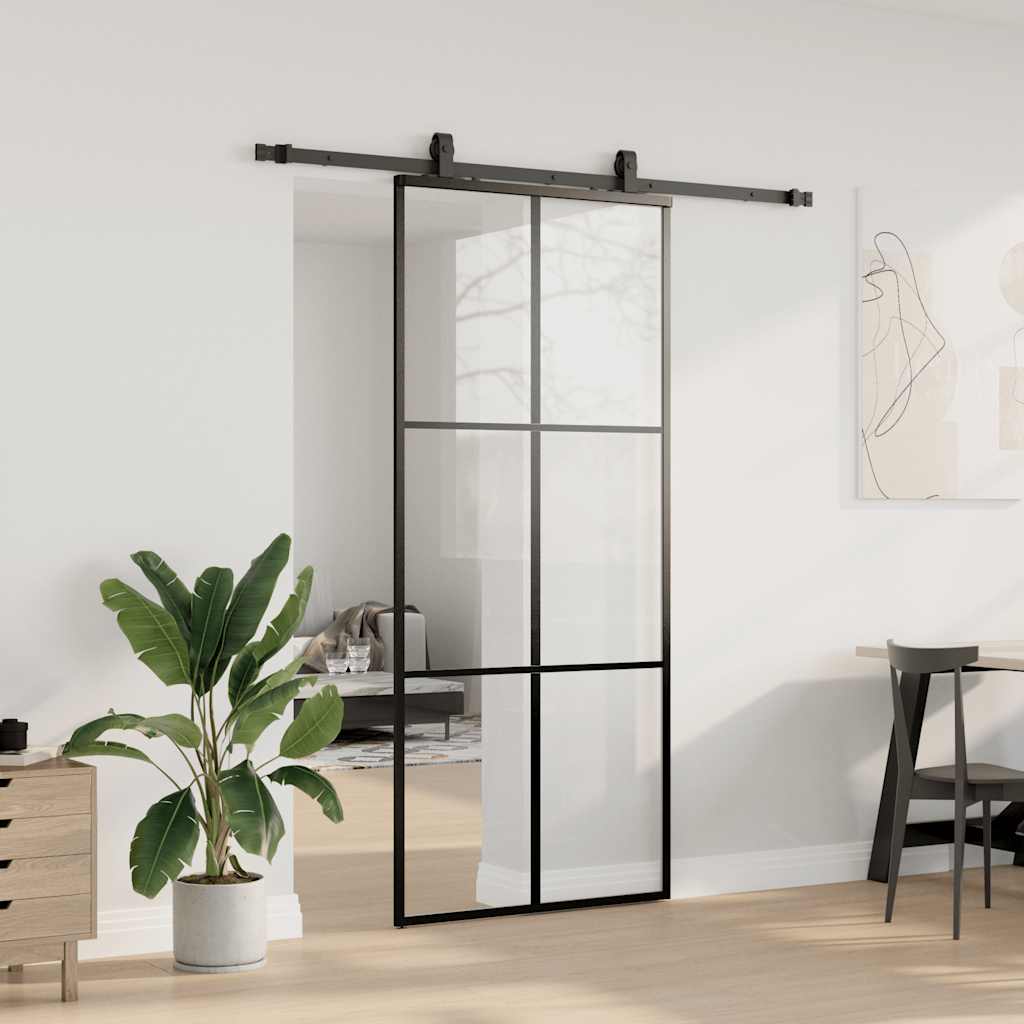 Klizna vrata s priborom crna 90 x 205 cm od ESG stakla