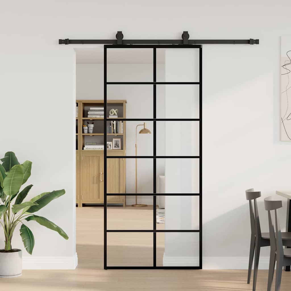 Klizna vrata s priborom crna 90 x 205 cm od ESG stakla