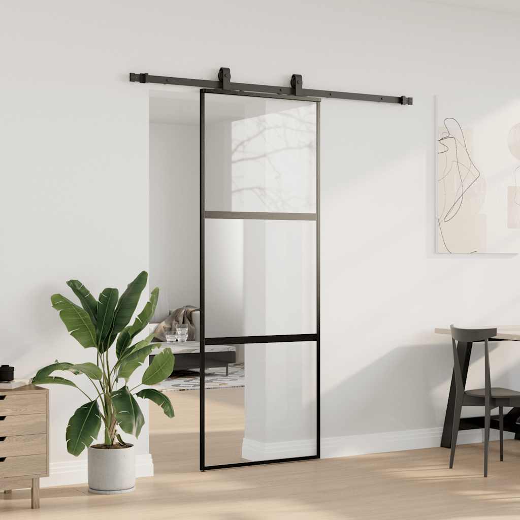 Klizna vrata s priborom crna 76 x 205 cm kaljeno staklo