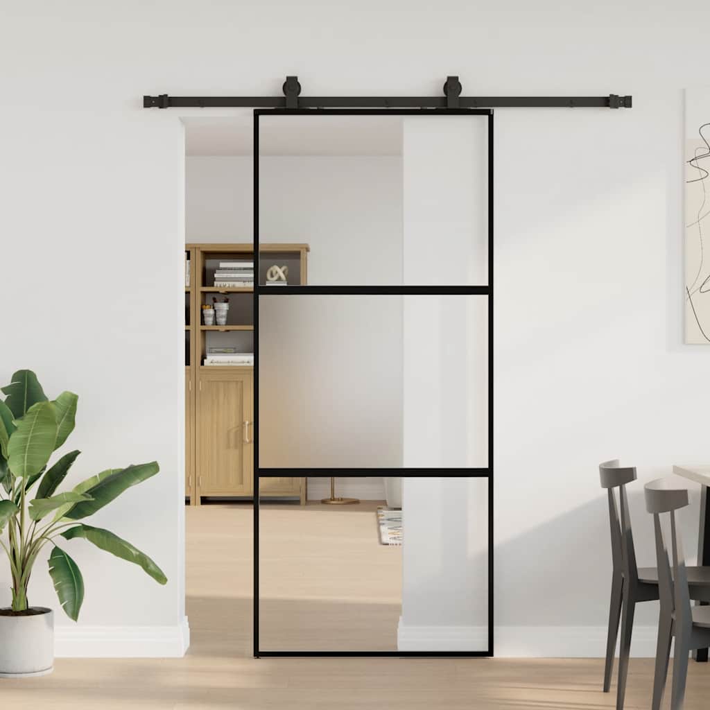 Klizna vrata s priborom crna 90 x 205 cm kaljeno staklo
