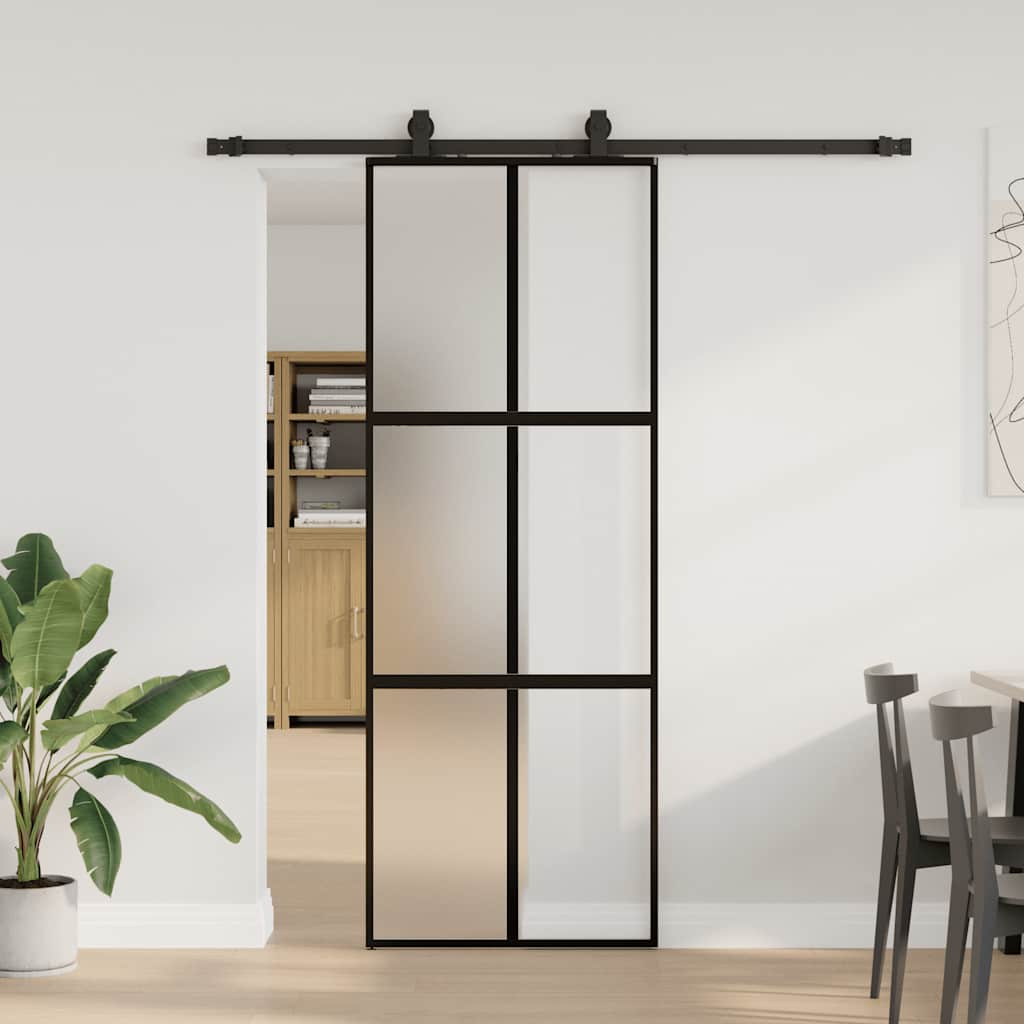 Klizna vrata s priborom crna 76 x 205 cm kaljeno staklo