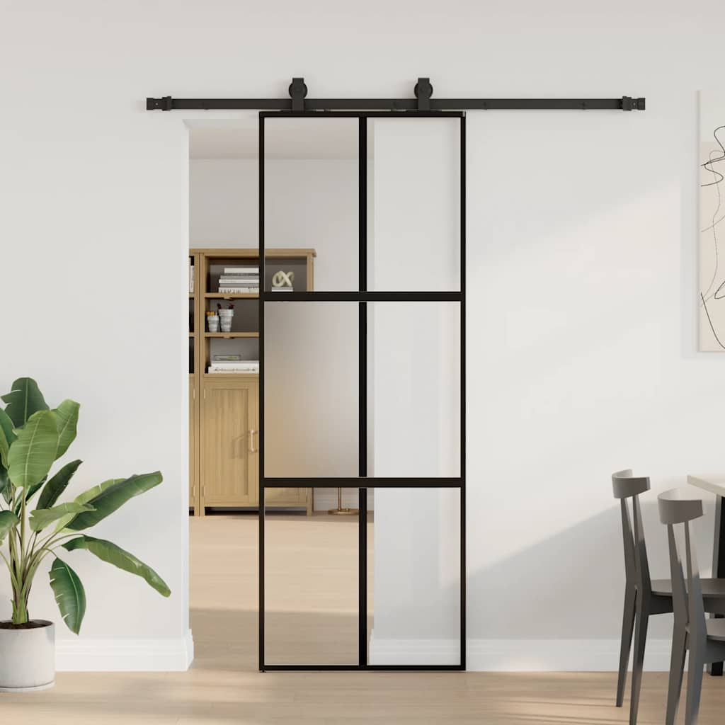 Klizna vrata s priborom crna 76 x 205 cm kaljeno staklo