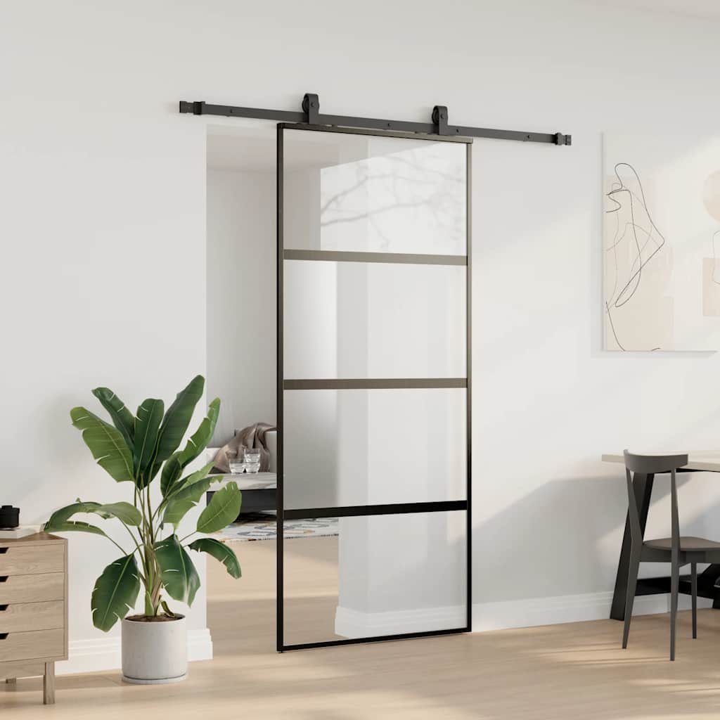 Klizna vrata s priborom crna 90 x 205 cm kaljeno staklo