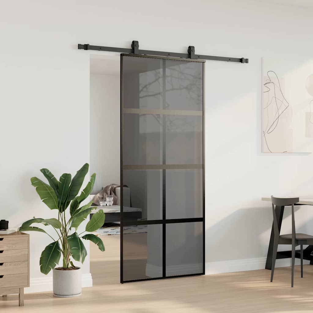 Klizna vrata s priborom crna 90 x 205 cm kaljeno staklo