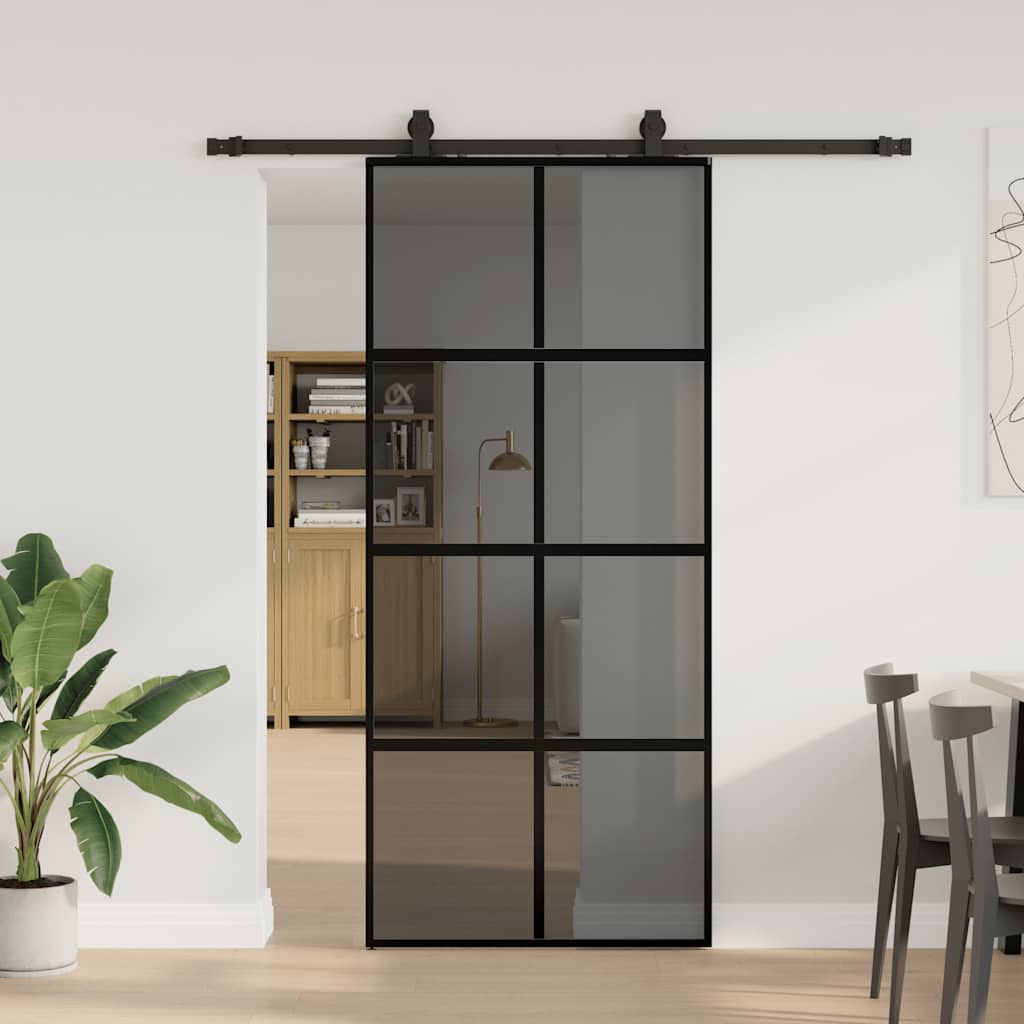 Klizna vrata s priborom crna 90 x 205 cm kaljeno staklo
