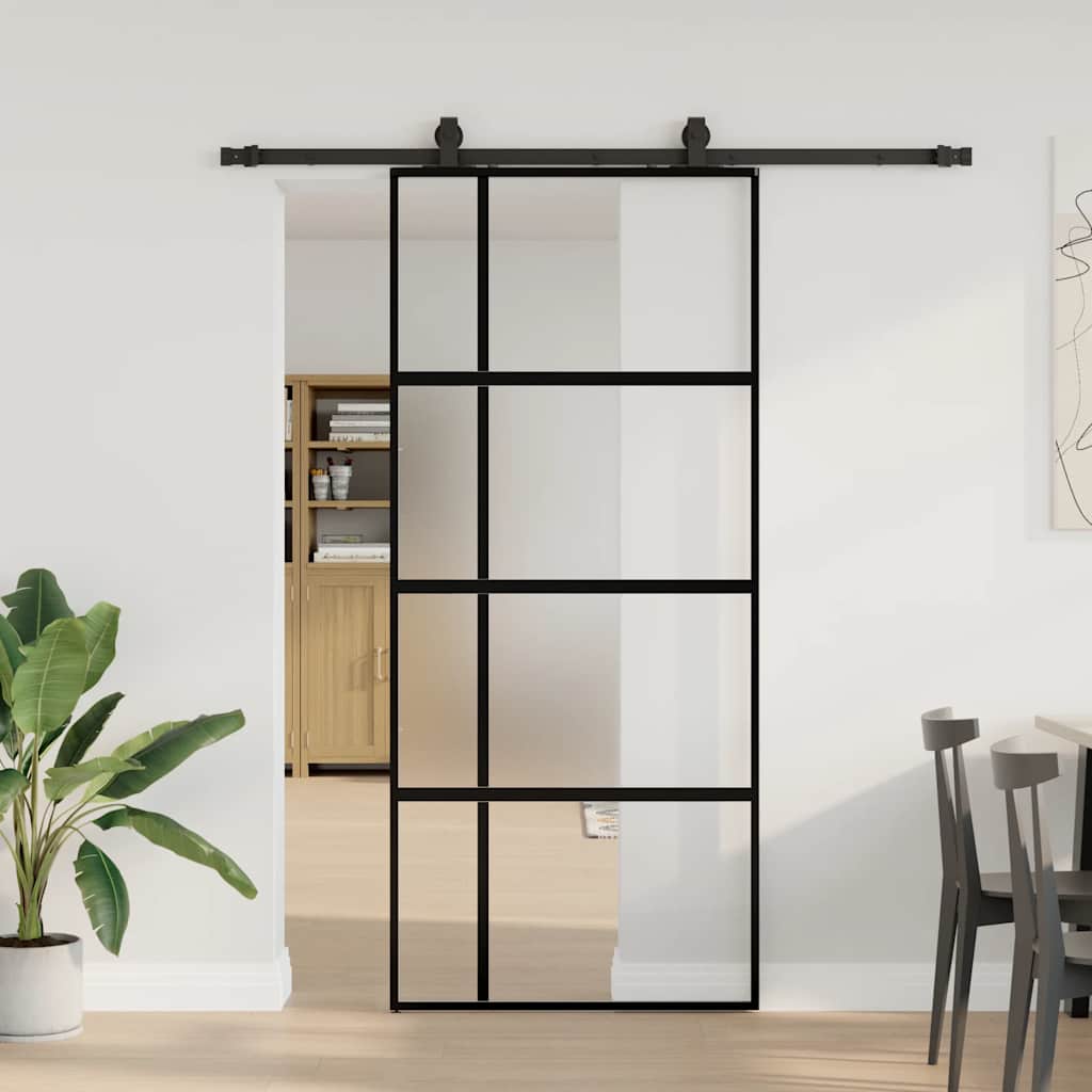 Klizna vrata s priborom crna 90 x 205 cm kaljeno staklo