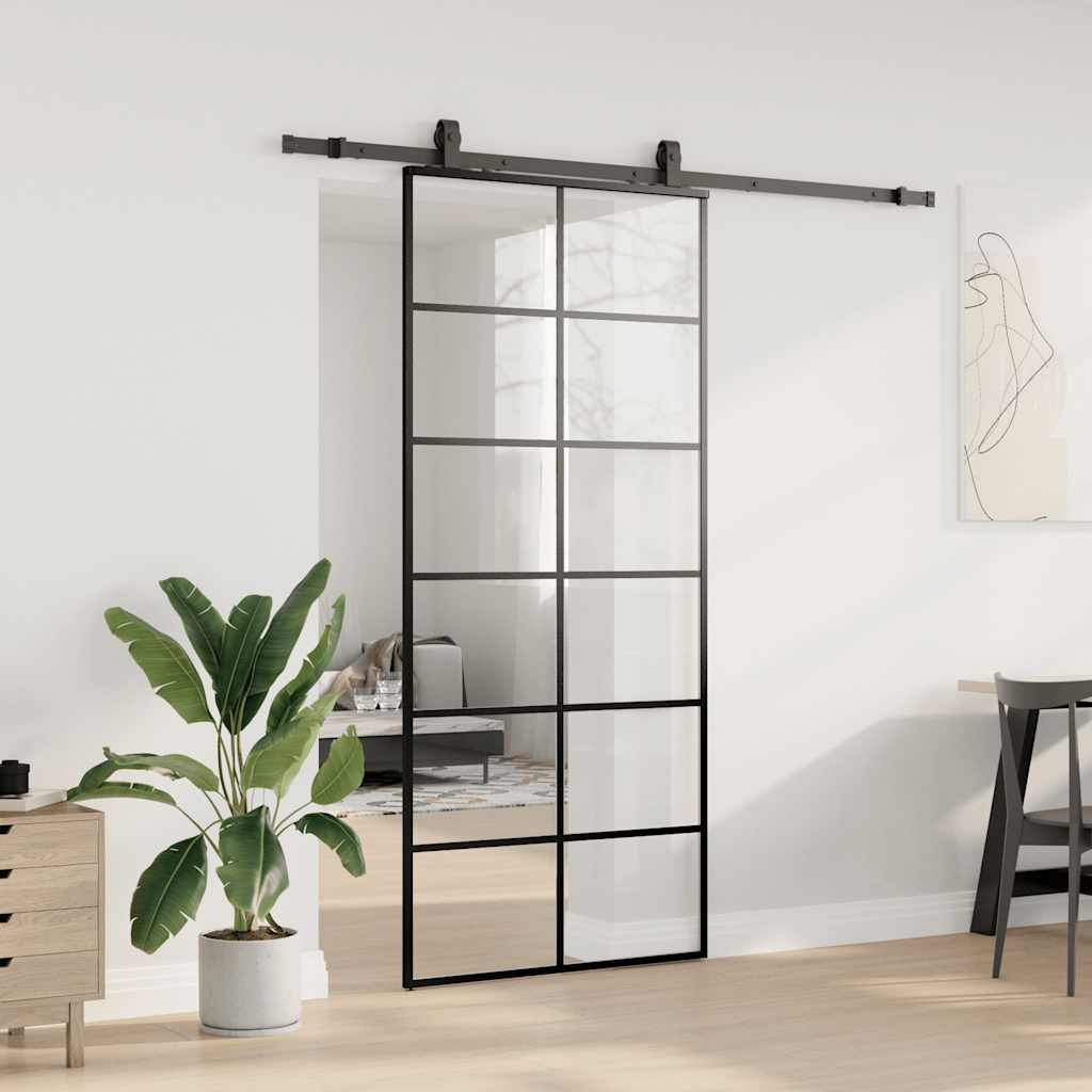 Klizna vrata s priborom crna 90 x 205 cm od ESG stakla