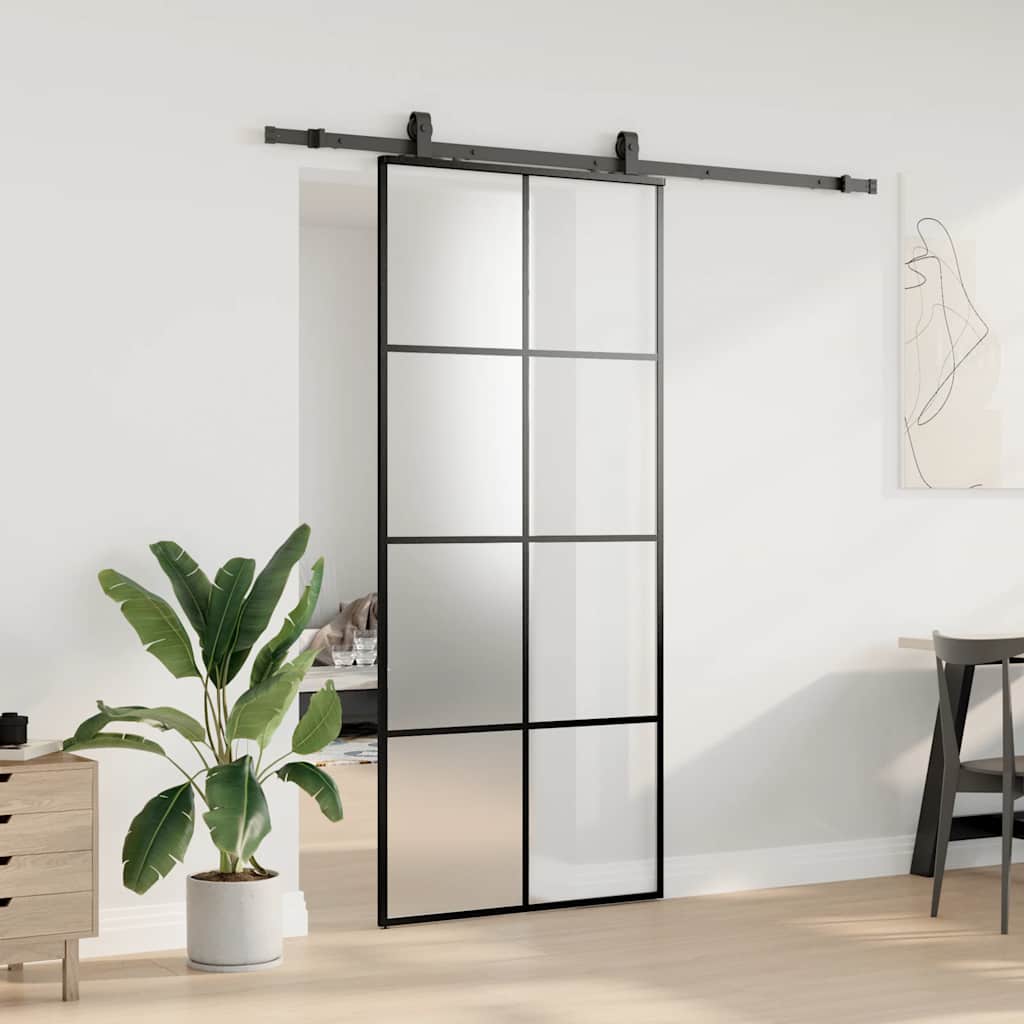 Klizna vrata s priborom crna 90 x 205 cm od ESG stakla