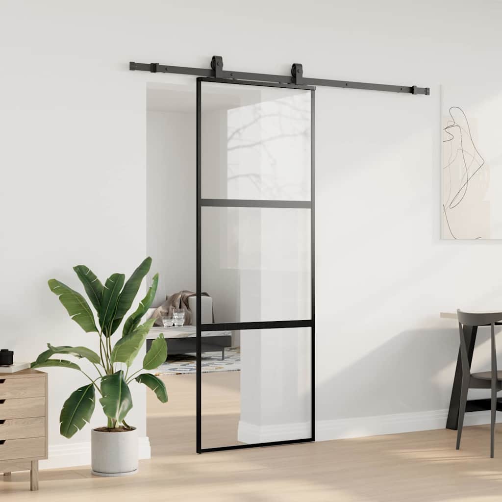 Klizna vrata s priborom crna 76 x 205 cm kaljeno staklo