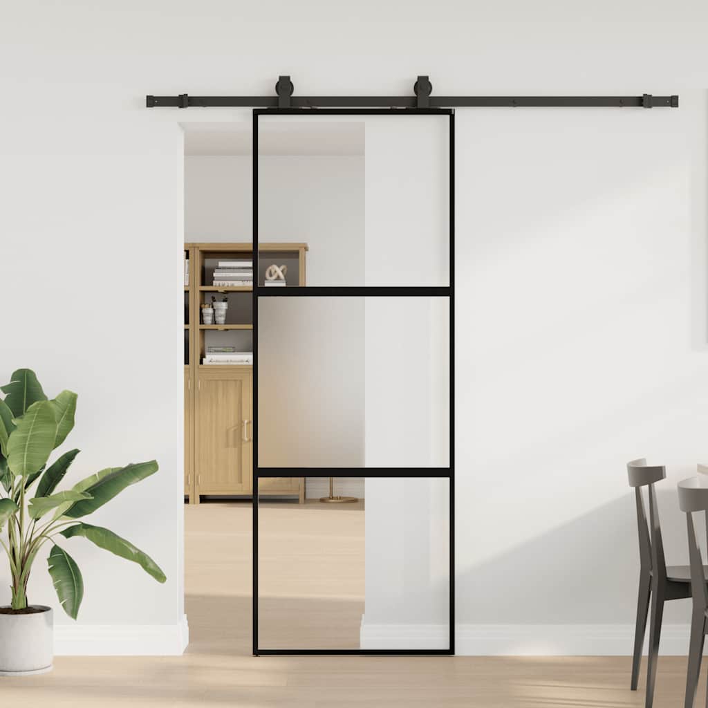 Klizna vrata s priborom crna 76 x 205 cm kaljeno staklo