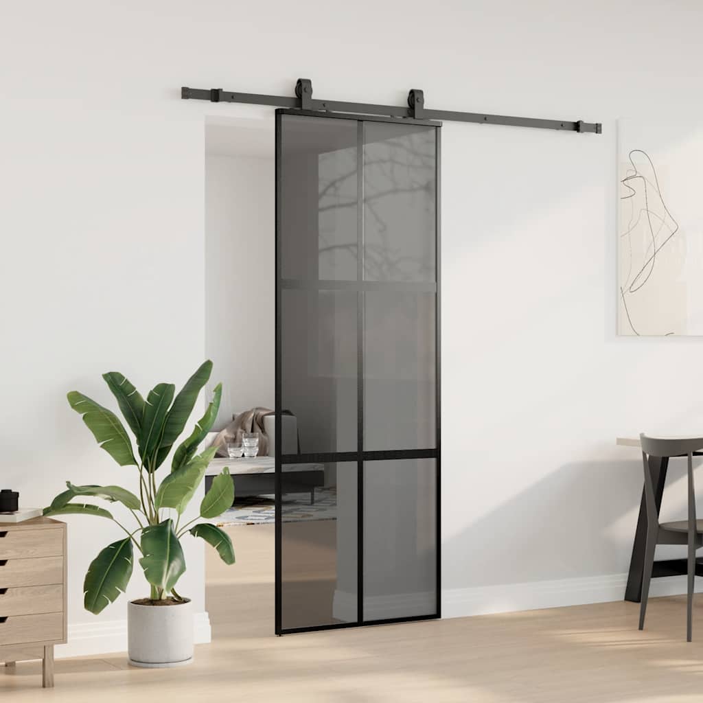 Klizna vrata s priborom crna 76 x 205 cm kaljeno staklo