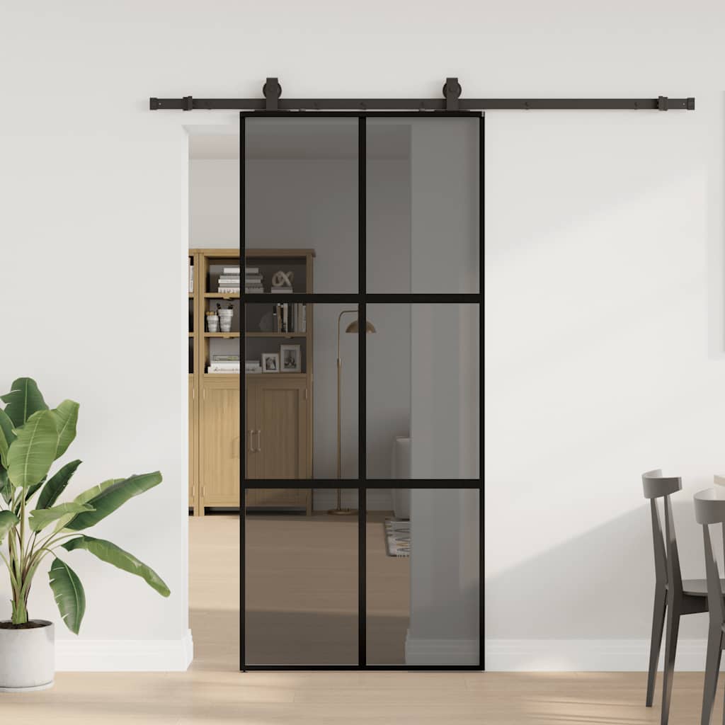 Klizna vrata s priborom crna 90 x 205 cm kaljeno staklo