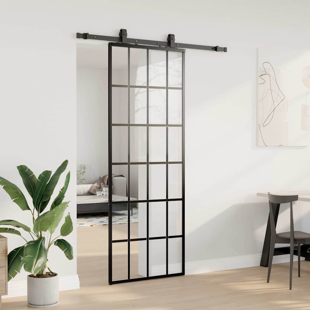 Klizna vrata s priborom crna 76 x 205 cm od ESG stakla