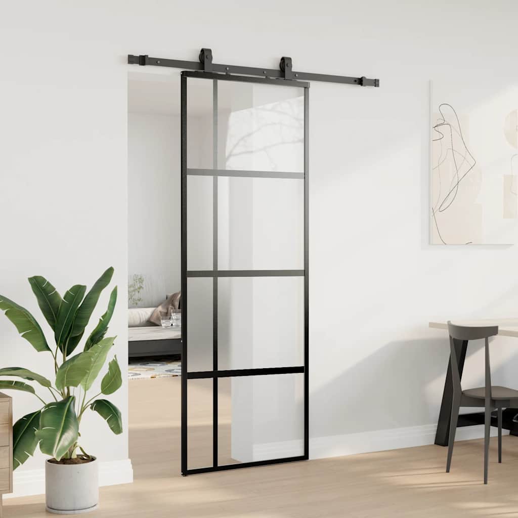 Klizna vrata s priborom crna 76 x 205 cm kaljeno staklo