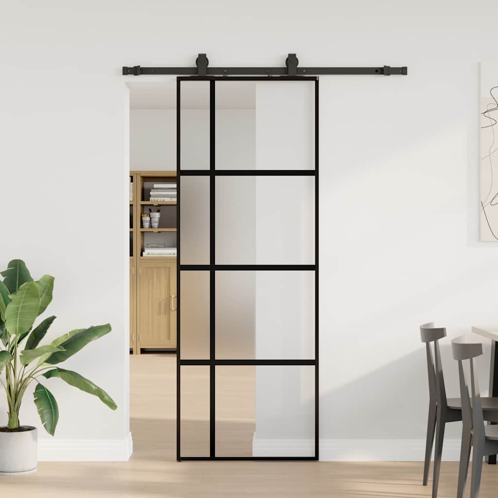 Klizna vrata s priborom crna 76 x 205 cm kaljeno staklo
