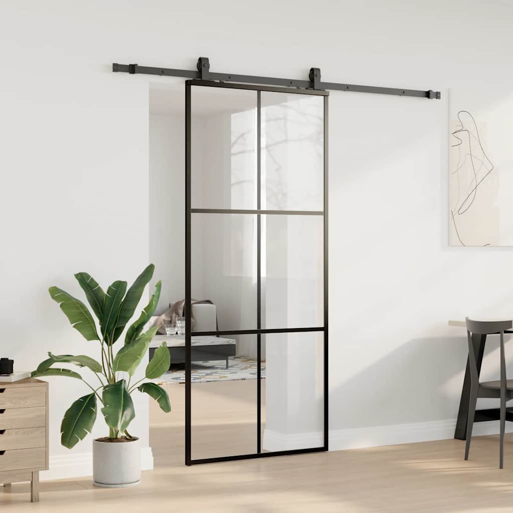 Klizna vrata s priborom crna 90 x 205 cm od ESG stakla