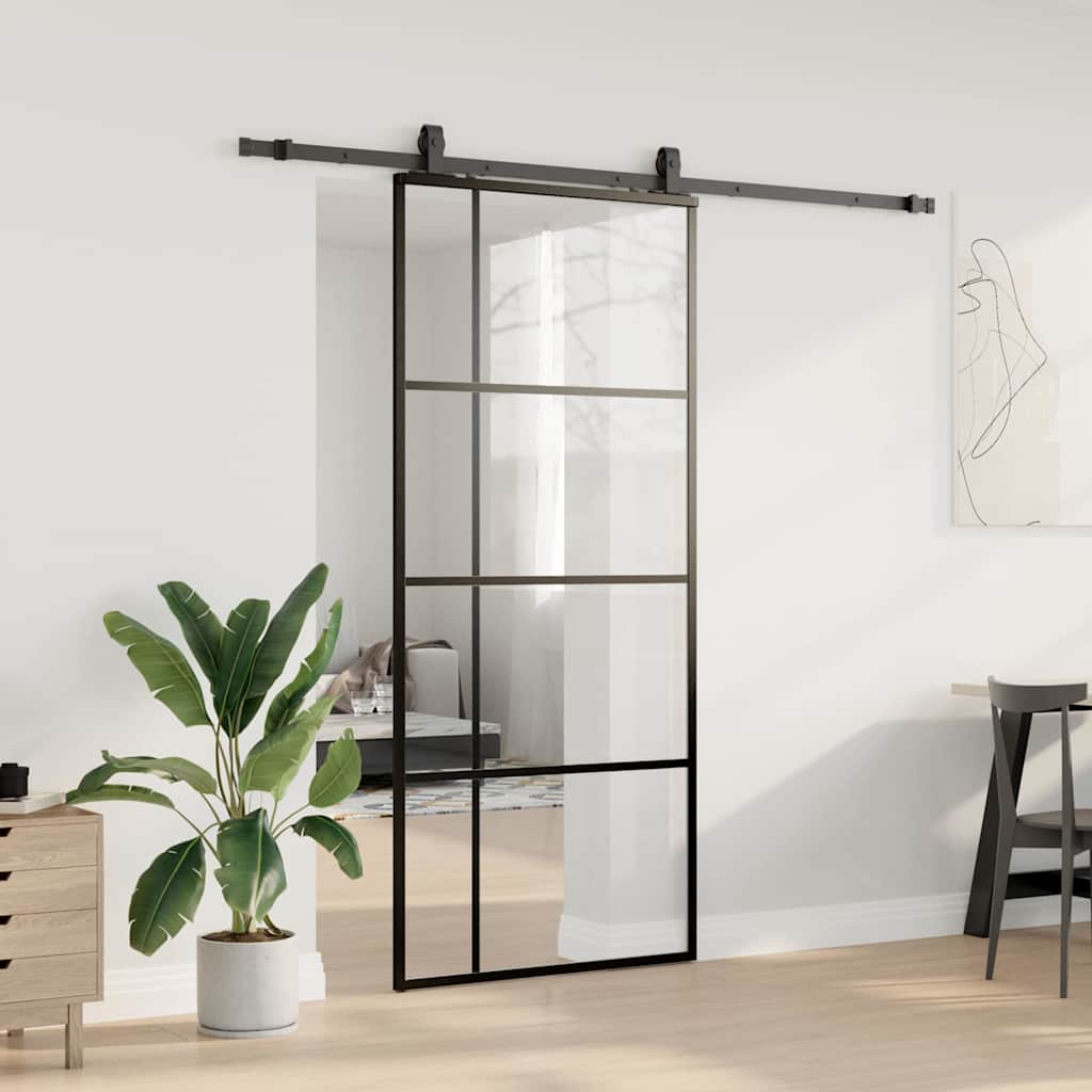 Klizna vrata s priborom crna 90 x 205 cm od ESG stakla