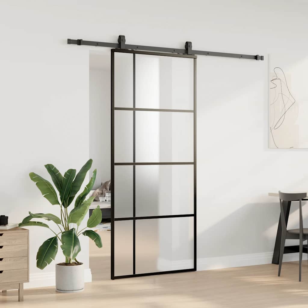 Klizna vrata s priborom crna 90 x 205 cm od ESG stakla