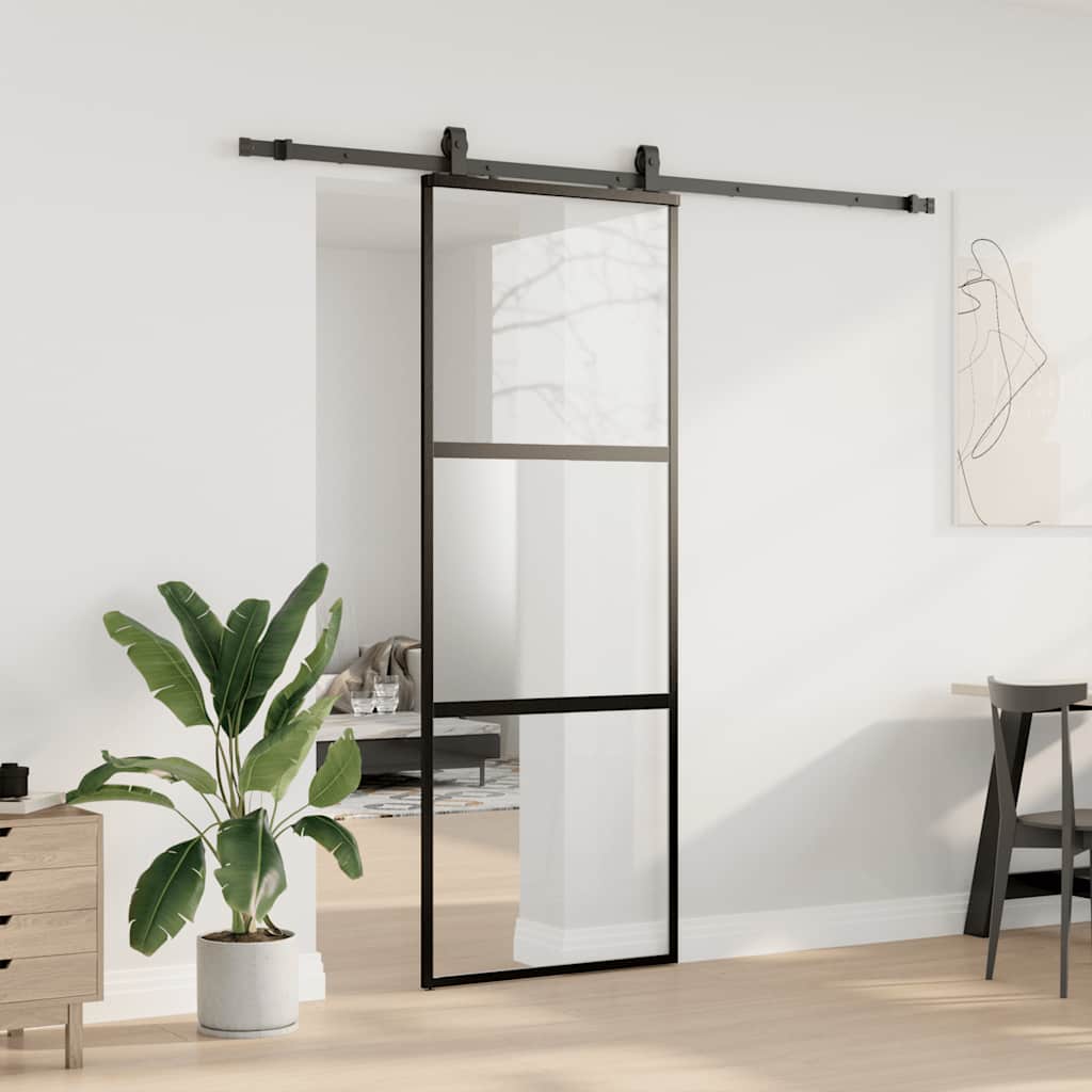 Klizna vrata s priborom crna 76 x 205 cm kaljeno staklo