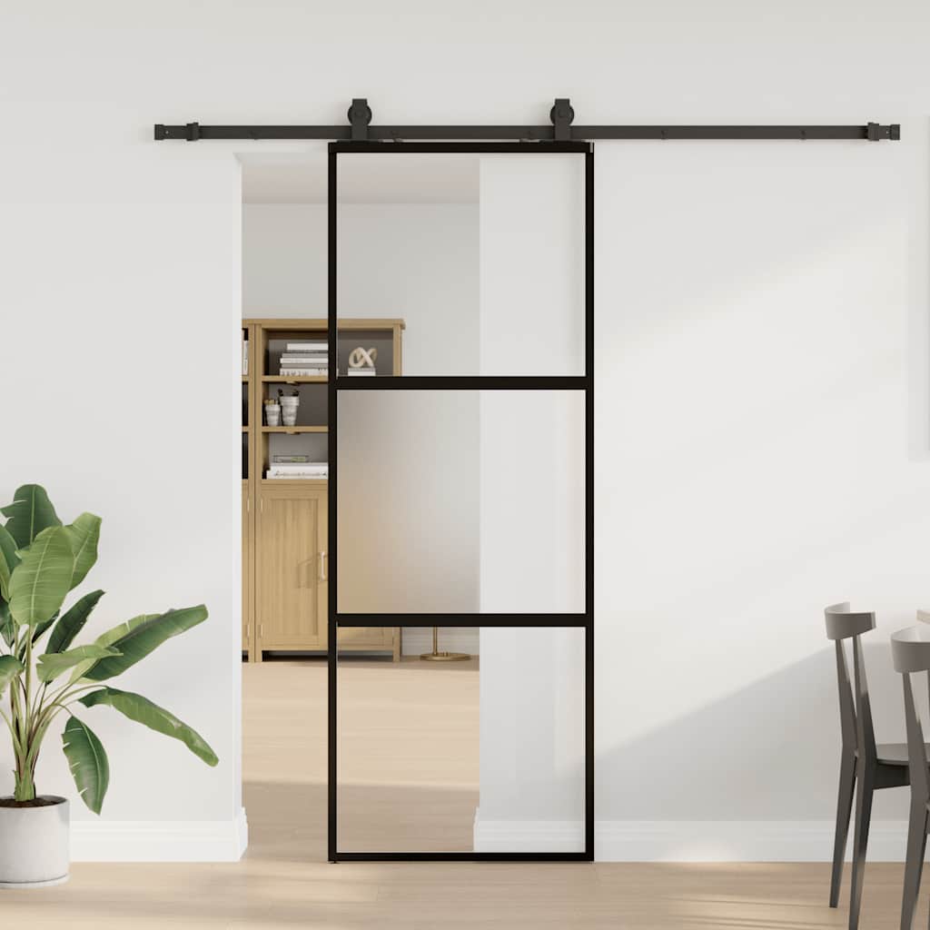Klizna vrata s priborom crna 76 x 205 cm kaljeno staklo