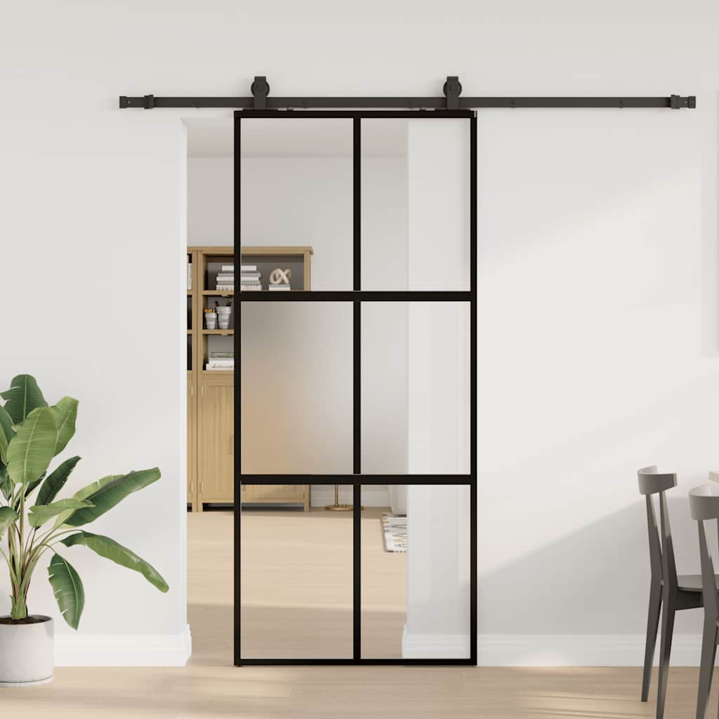 Klizna vrata s priborom crna 90 x 205 cm kaljeno staklo