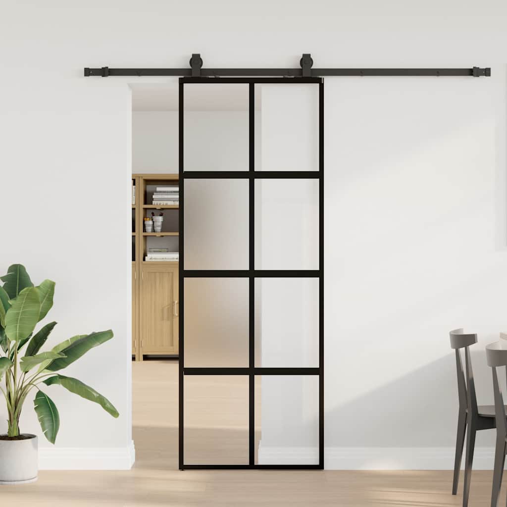 Klizna vrata s priborom crna 76 x 205 cm kaljeno staklo