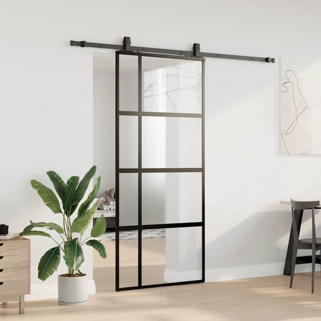 Klizna vrata s priborom crna 90 x 205 cm kaljeno staklo