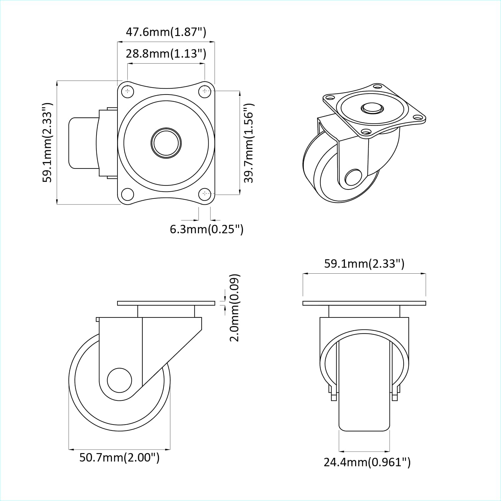 Dizalni kotač 2 pcs Srebrno 60 x 60 x 50 mm Željezo i najlon