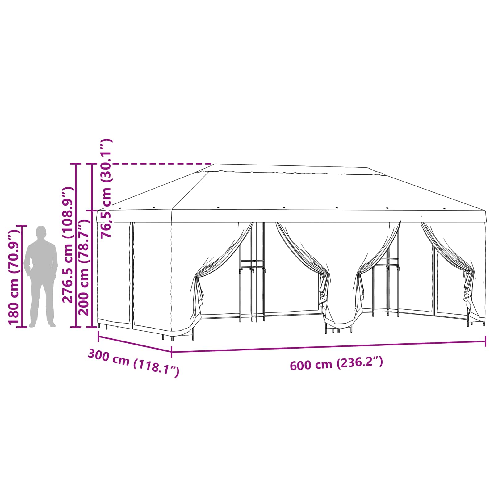 Paviljon s bočnim stranama 6 x 3 m Sivosmeđa Poliester i čelik