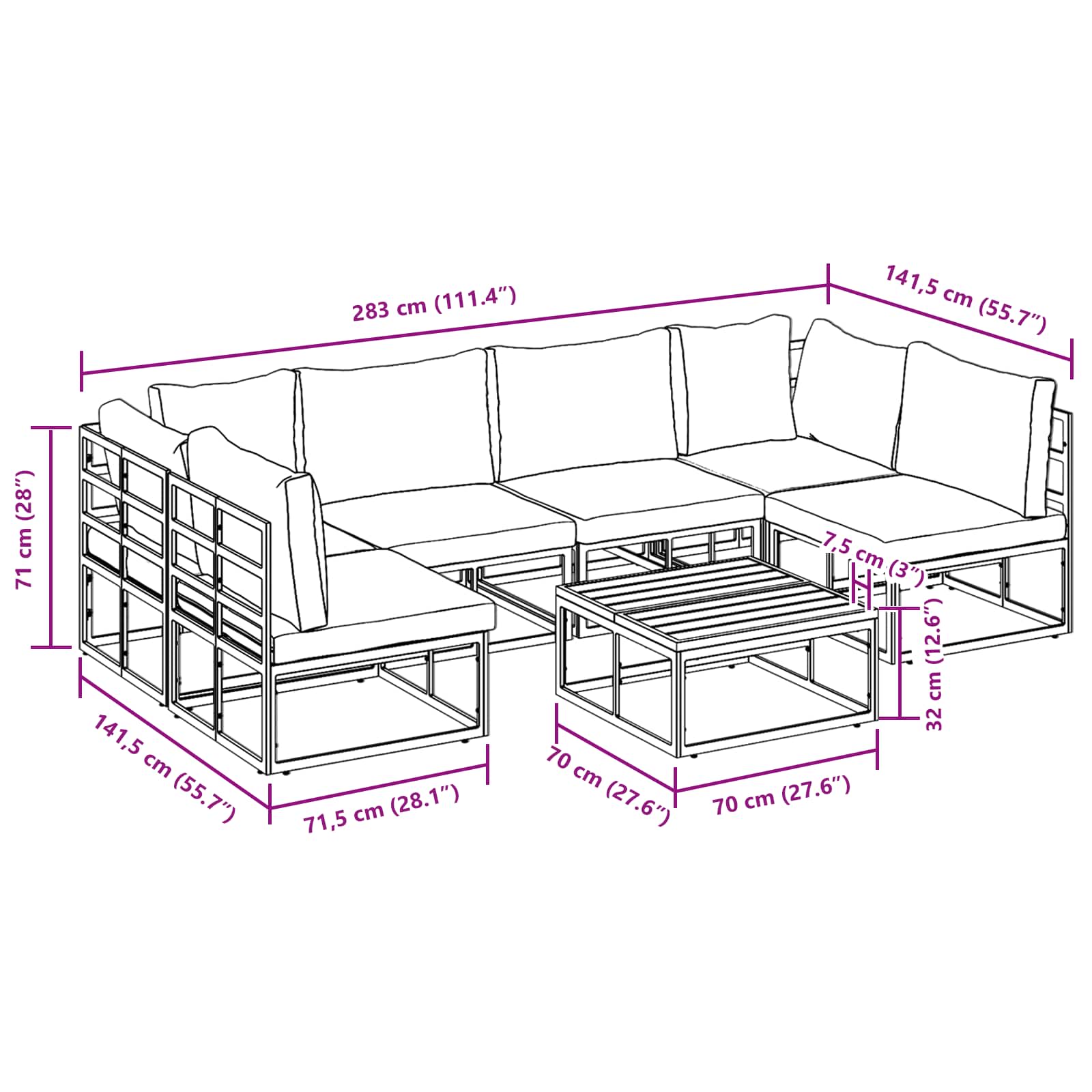 Sjedeća garnitura za vrt s jastukom 7 pcs Crna Aluminij