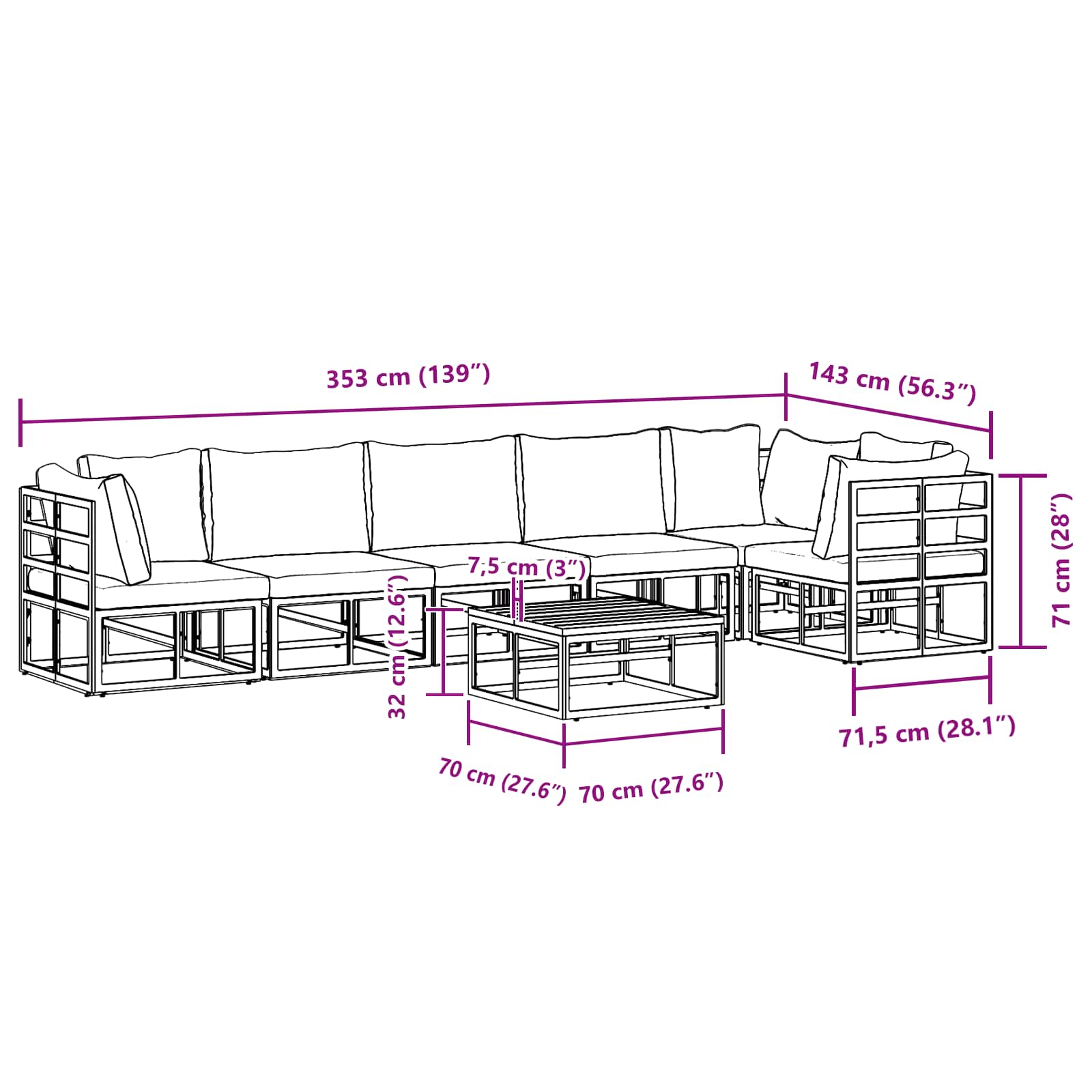 Sjedeća garnitura za vrt s jastukom 7 pcs Crna Aluminij