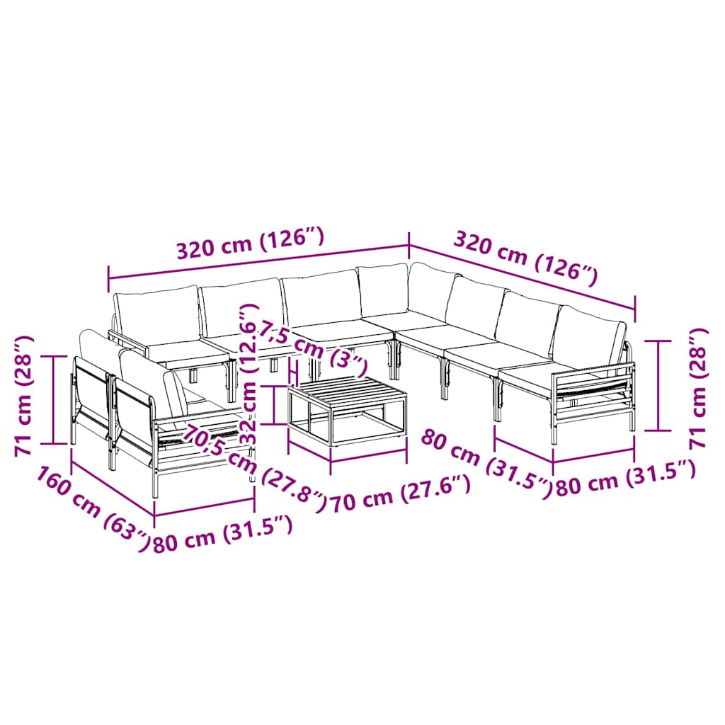 Sjedeća garnitura za vrt s jastukom 10 pcs Crna Čelik
